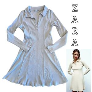 Zara Polo Ribbed Knit Stretch Long Sleeve Mini Dress Beige Sand Sz XL